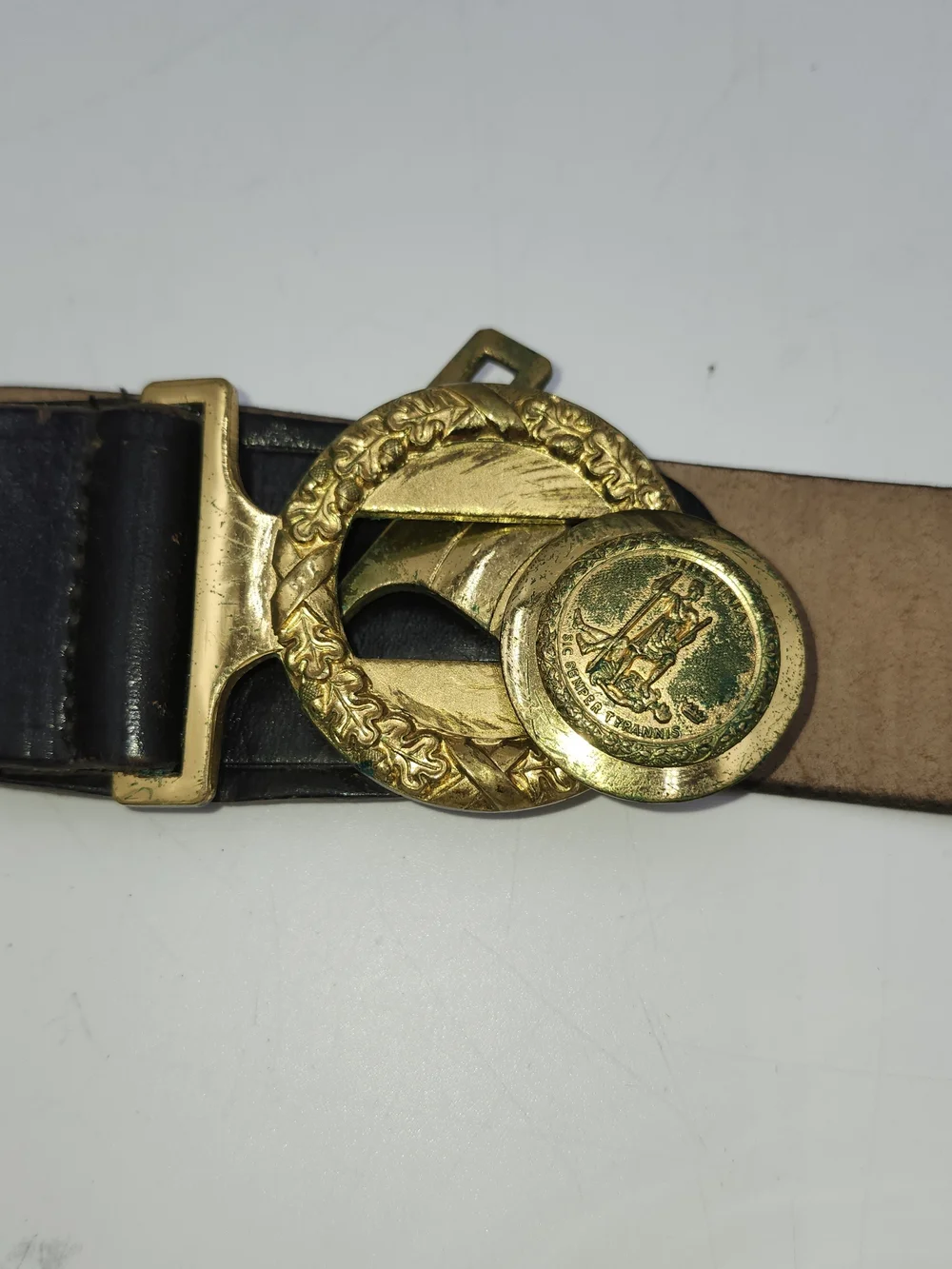Antique Civil War style Sword Belt Virginia Tongue & Wreath Buckle on leather